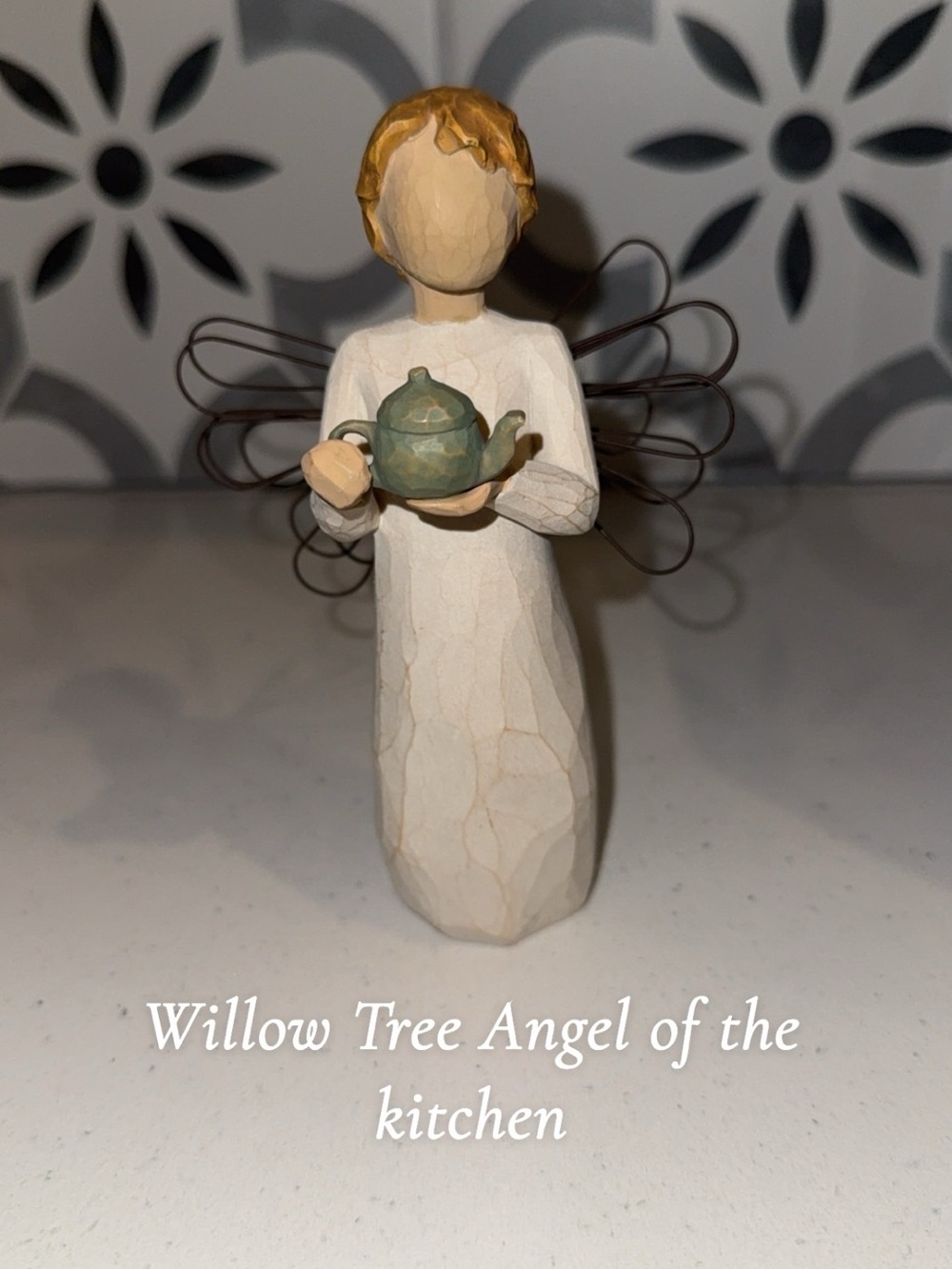Willow Tree Angel of the kitchen with Green Teapot - Cream Dress